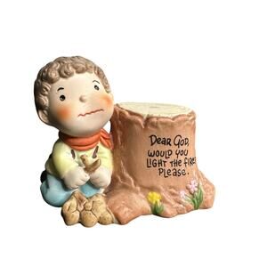 Dear God Kids Boy Lighting Fire Next to Stump Figurine 1982